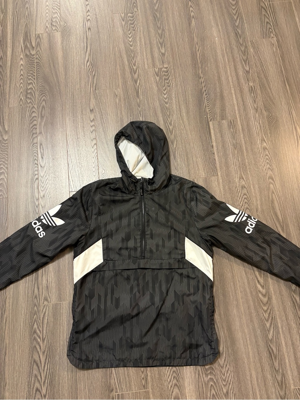 adidas Black Hooded Pullover Windbreaker with White Panels